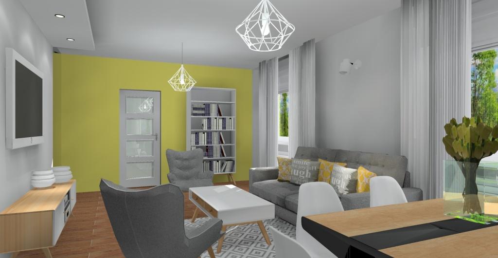 Aranżacja-salonu, jasny salon skandynawski białe, żółte, szare ściany